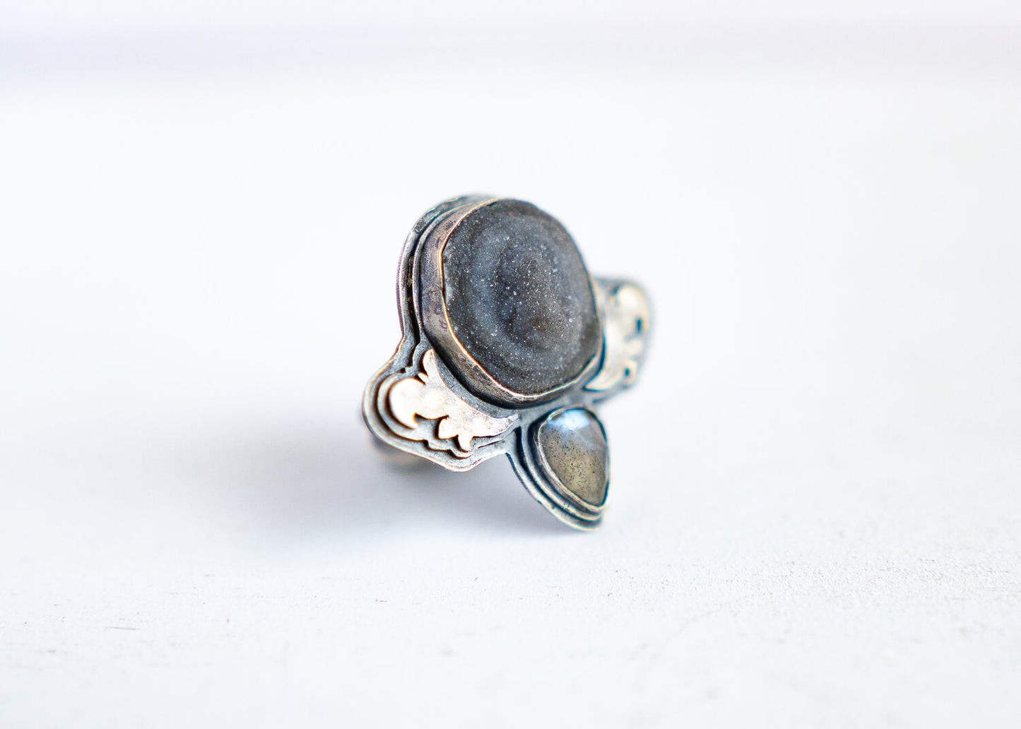 Chalcedony Druzy & Labradorite Scroll Ring